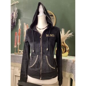 BCBG‎ Max Azria Black Velour Zip Up Hoodie Gold Studded Y2K Track Jacket Small